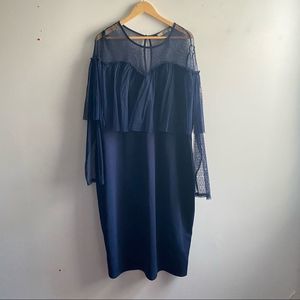 NWT ASOS Curve navy blue mesh dot ruffle sweetheart long sleeve pencil dress